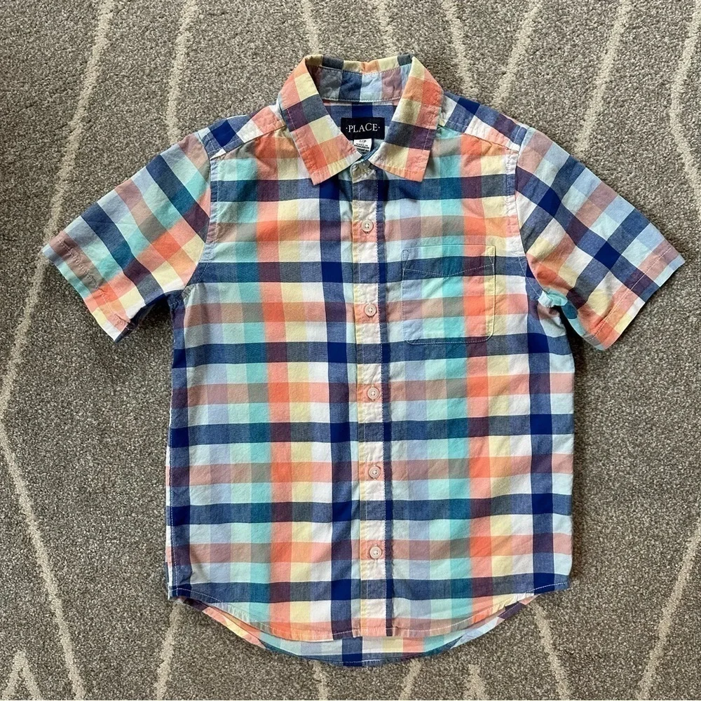 Children’s Place Pink and Blue Plaid Short Sleeve Button Down Shirt Boys Size M